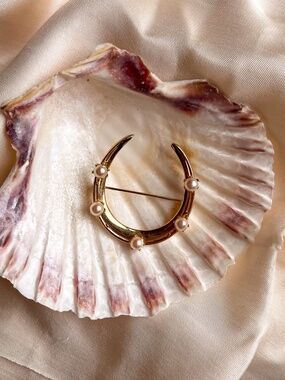 Vintage 1970s Lucky Horseshoe Brooch With Pearls